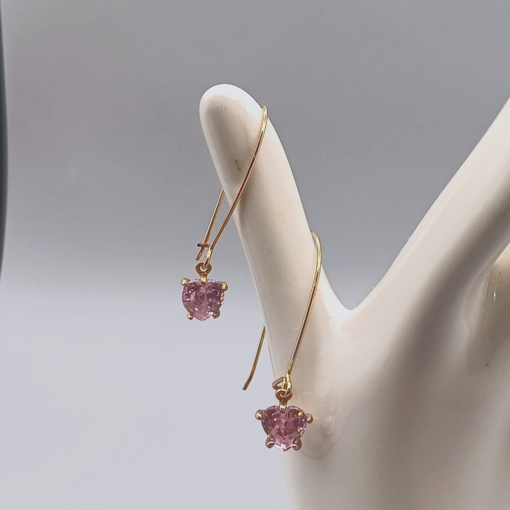Goldtone Wire Earrings with Beautiful Pink Heart Stone Pierced Ears